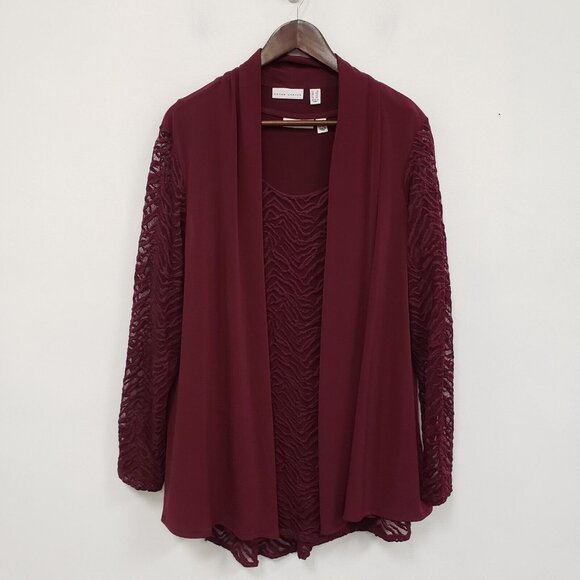 Susan Graver Womens Textured Kimono Set Size 1X Burgundy Stretch Career Church - Picture 1 of 14